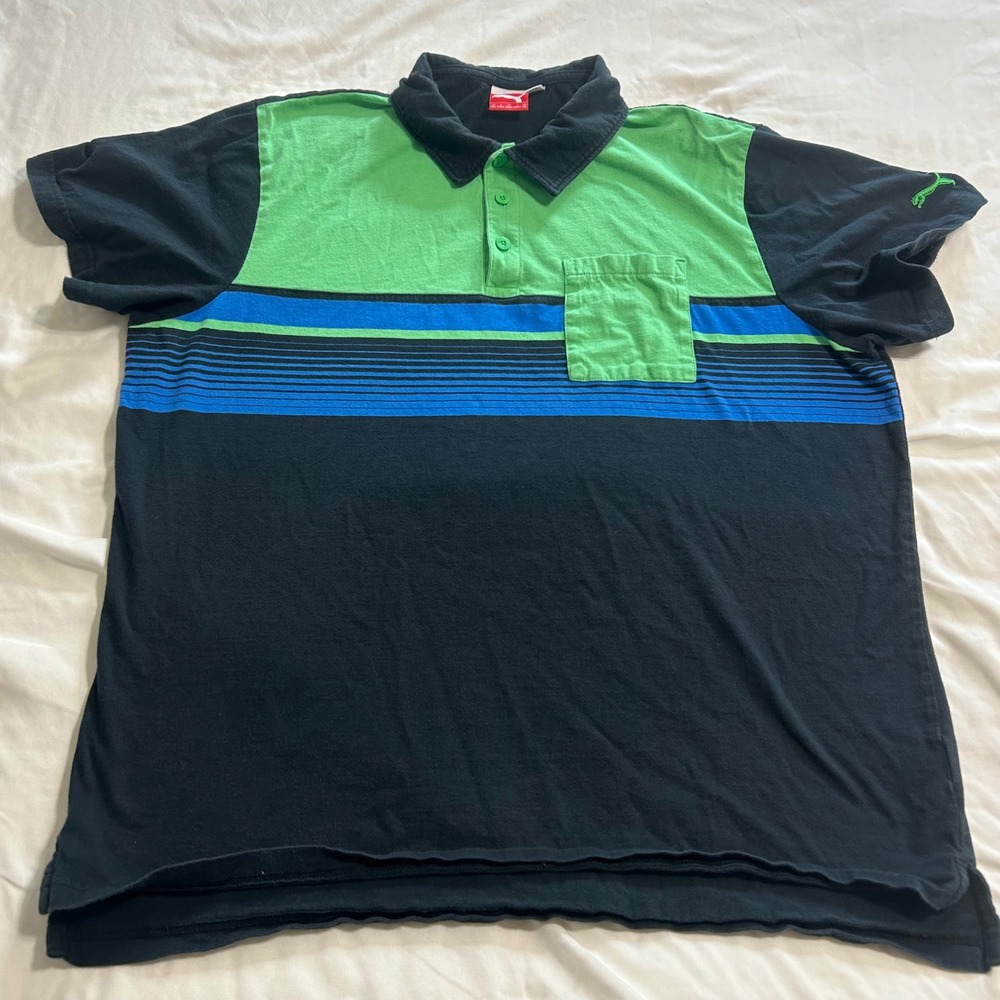 Puma Sport Lifestyle Mens XXL Polo Shirt Green Blue Black Striped Colorblock